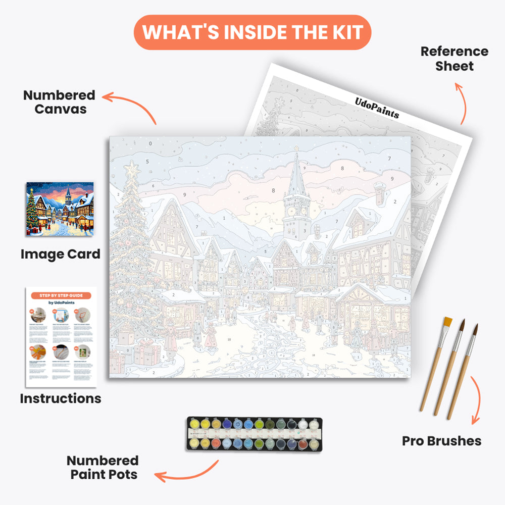 Winter Village Paint by Numbers Kit – includes numbered canvas, paint pots, brushes, and instructions