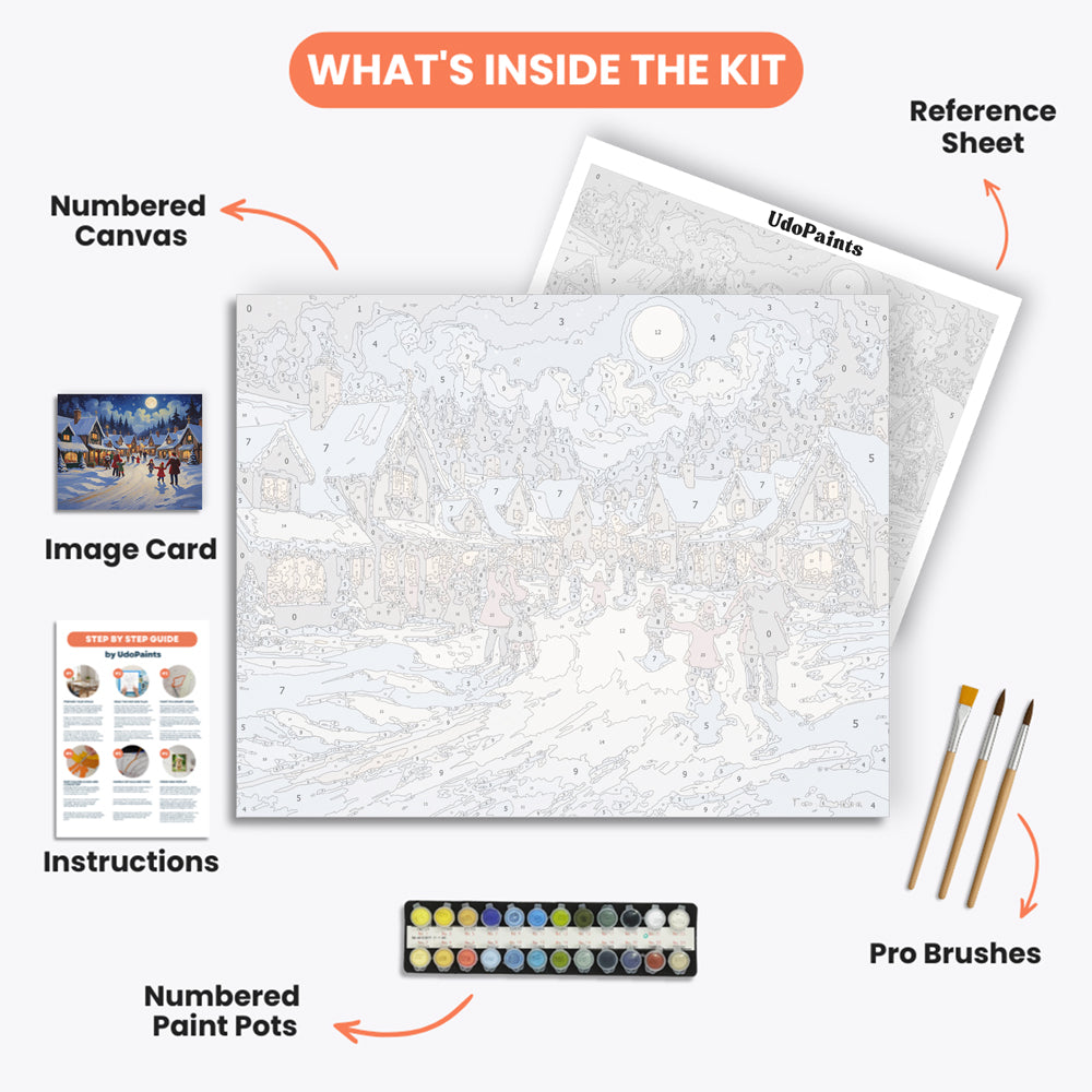Winter Village Paint by Numbers Kit – includes numbered canvas, paint pots, brushes, and instruction