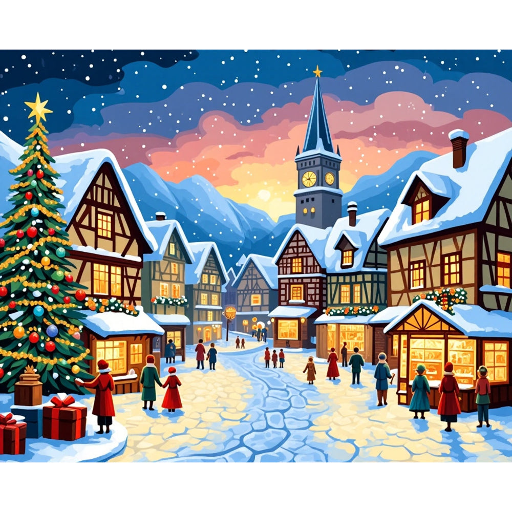 Winter Village Paint by Numbers Kit design preview showing the full artwork layout before painting