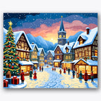 Winter village scene with snow, Christmas tree, twilight sky. Winter Village Paint by Numbers Kit by UdoPaints