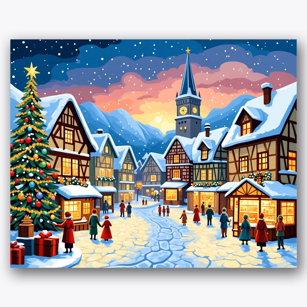 Winter village scene with snow, Christmas tree, twilight sky. Winter Village Paint by Numbers Kit by UdoPaints