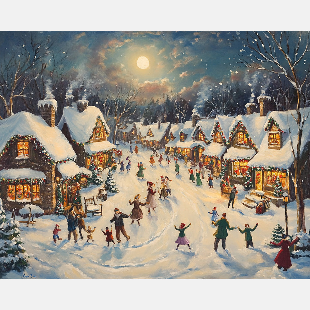 Winter Village Scene Paint by Numbers Kit design preview showing the full artwork layout before painting