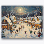 Paint by numbers design of village scene, ice skaters, snow-covered roofs, glowing windows