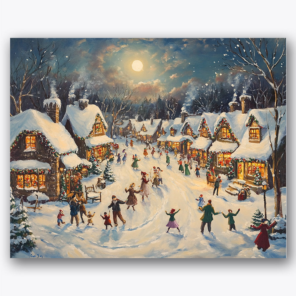 Paint by numbers design of village scene, ice skaters, snow-covered roofs, glowing windows