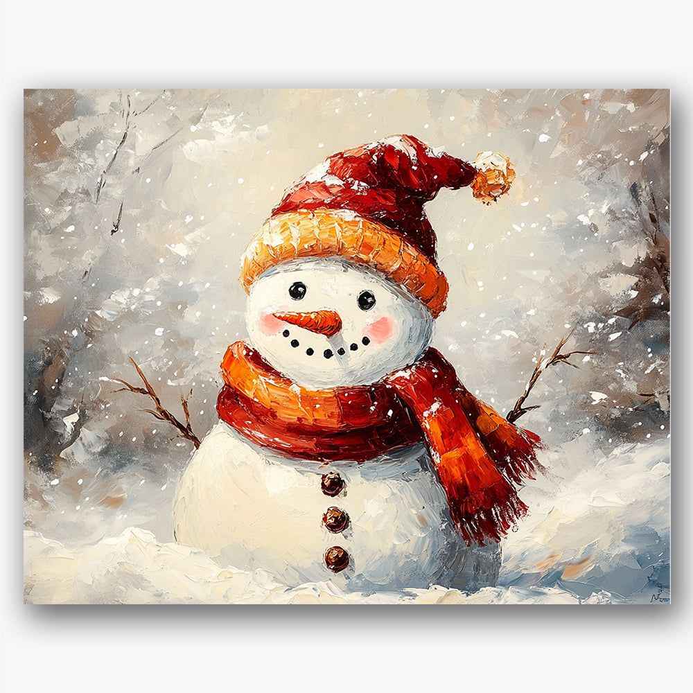 Paint by numbers design of snowman, winter landscape, red and orange scarf, orange carrot nose