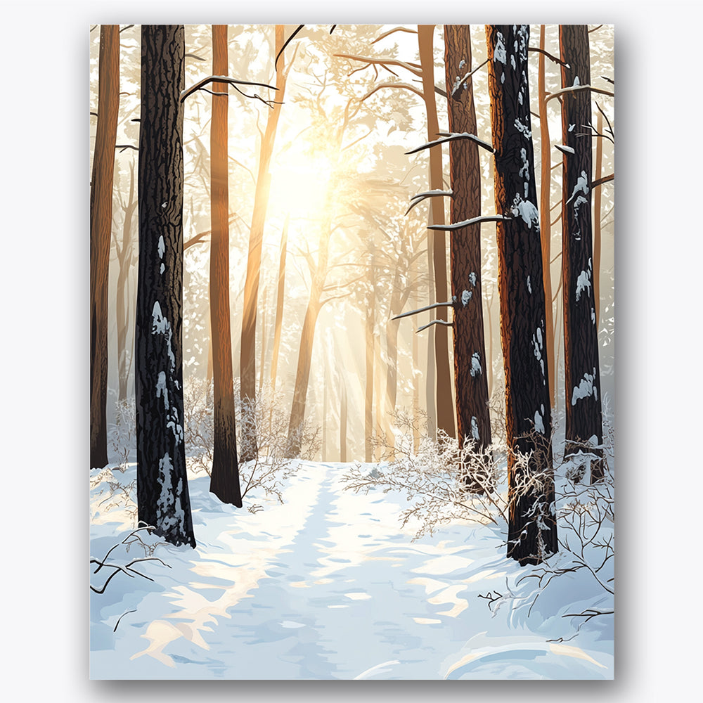 Paint by numbers design of forest, sunlight, tall snow-dusted trees, sunlight through branches
