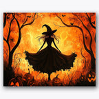 Paint by numbers design of witch, pumpkins, silhouetted trees, fiery sky, A witch stands amidst carved pumpkins