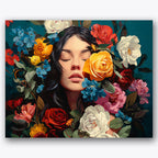 Paint by numbers design of woman, flowers, assorted colorful flowers, vivid blooms