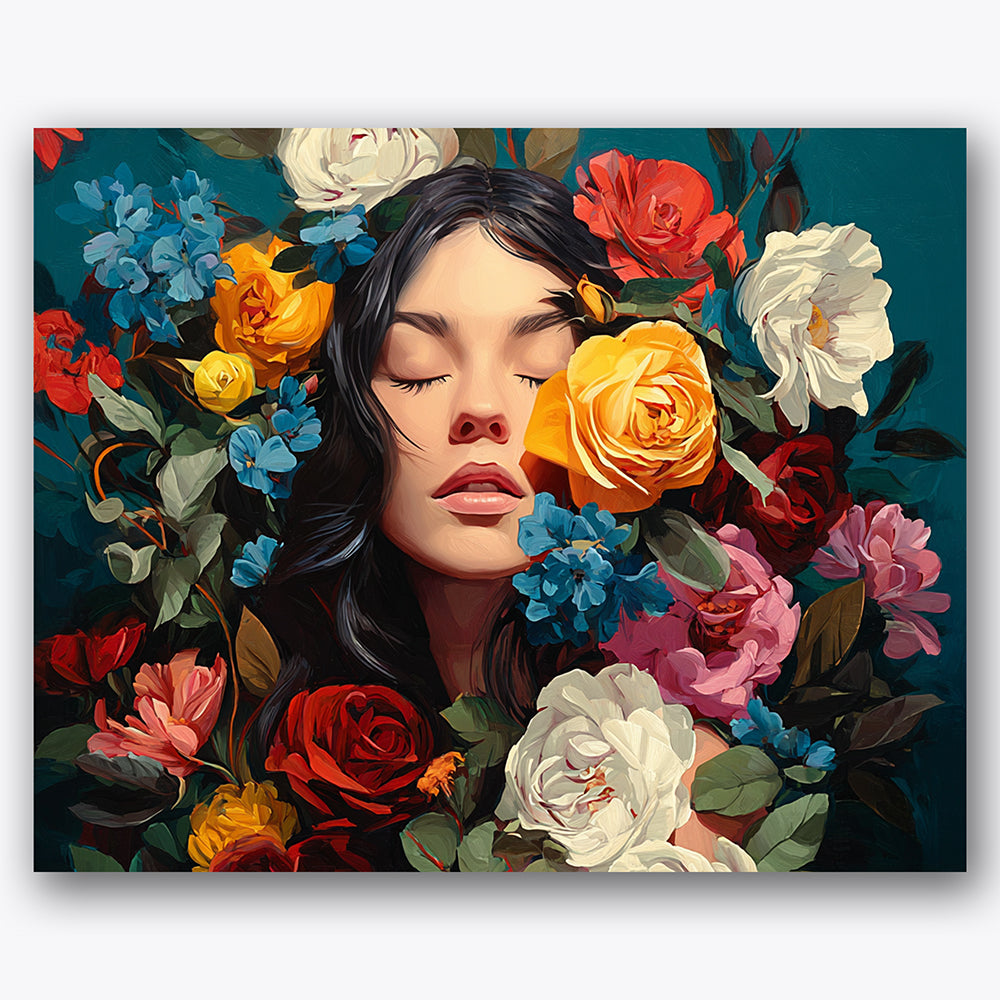 Paint by numbers design of woman, flowers, assorted colorful flowers, vivid blooms