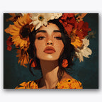 Paint by numbers design of woman, flower crown, vibrant flower crown, deep background color