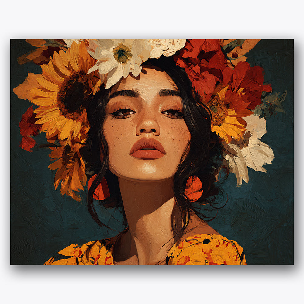 Paint by numbers design of woman, flower crown, vibrant flower crown, deep background color
