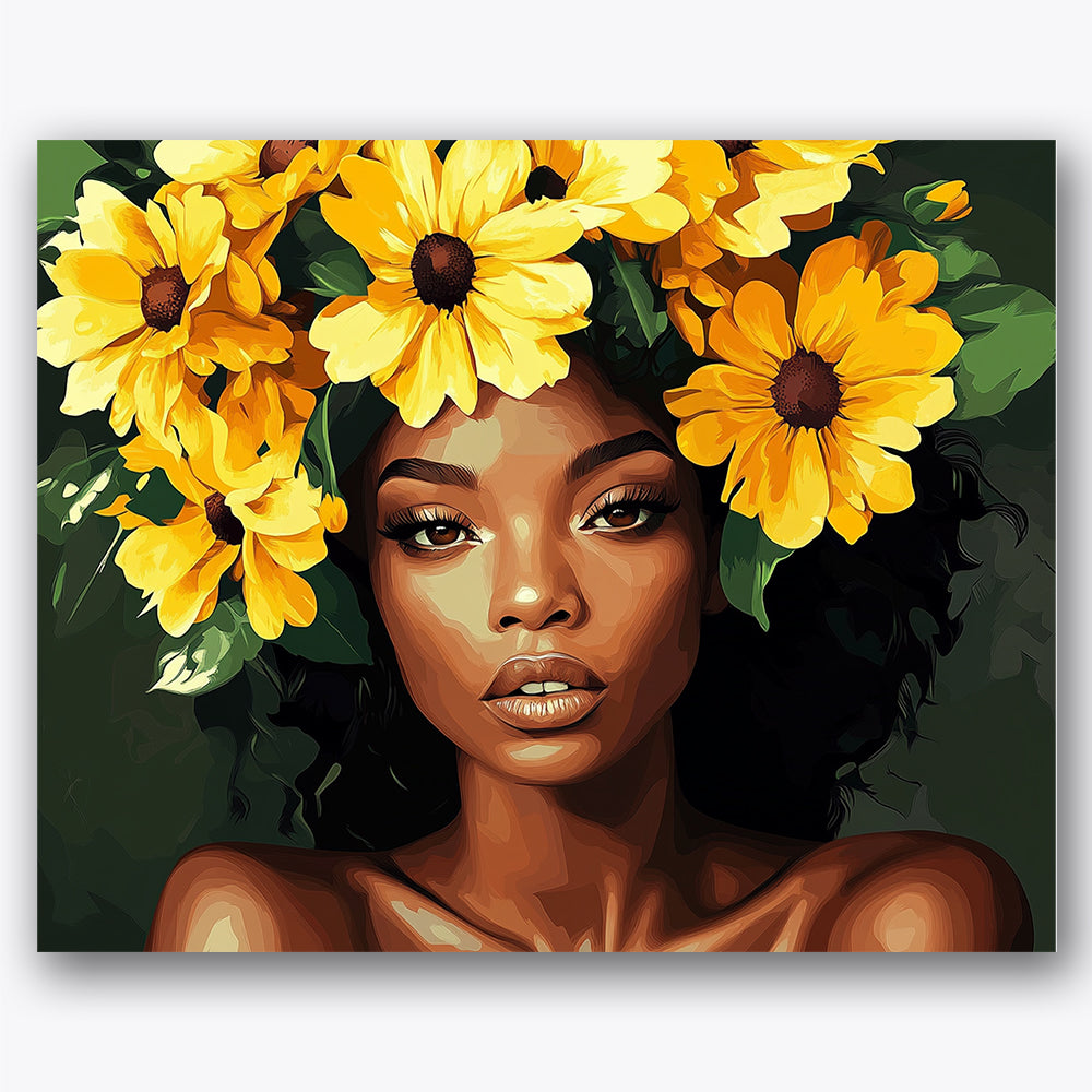 Paint by numbers design of woman, yellow daisies, woman with daisies crown, vivid yellow flowers