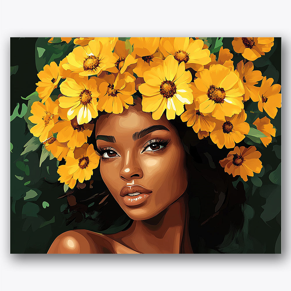 Paint by numbers design of woman, yellow flowers, vibrant yellow flowers, dark green foliage