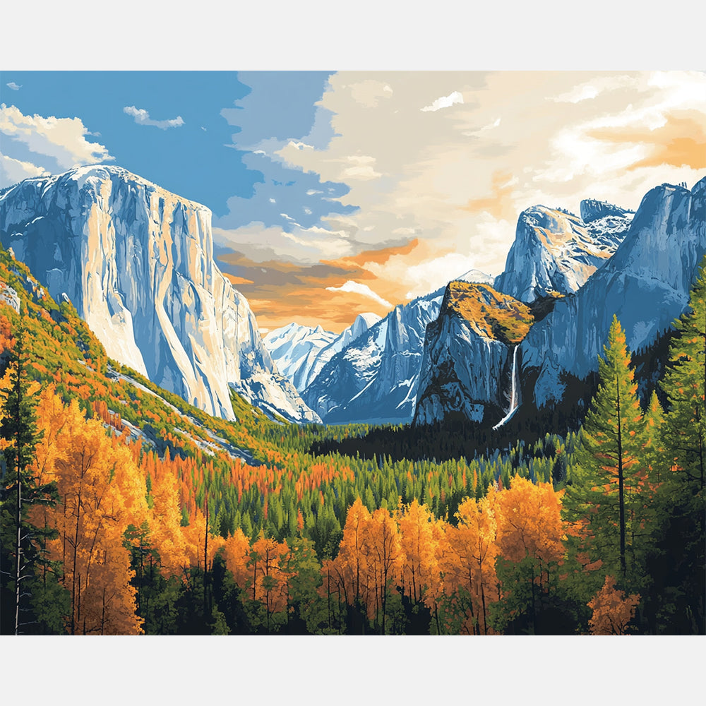 Yosemite National Park Paint by Numbers Kit design preview showing the full artwork layout before painting