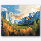 Paint by numbers design of mountains, waterfall, towering cliffs, vivid autumn trees