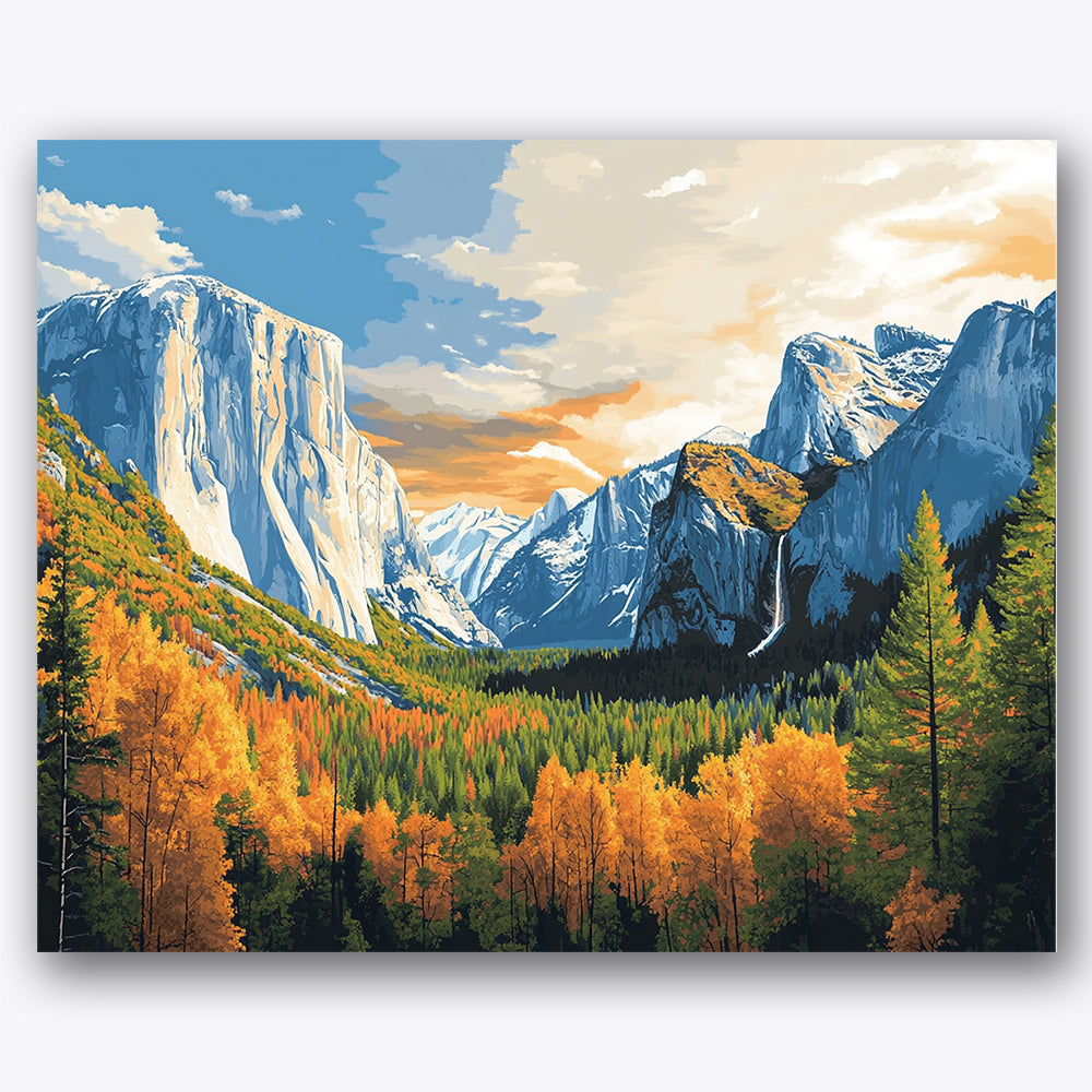 Paint by numbers design of mountains, waterfall, towering cliffs, vivid autumn trees