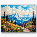 Paint by numbers design of hikers, mountains, colorful wildflowers, snowy mountain peaks