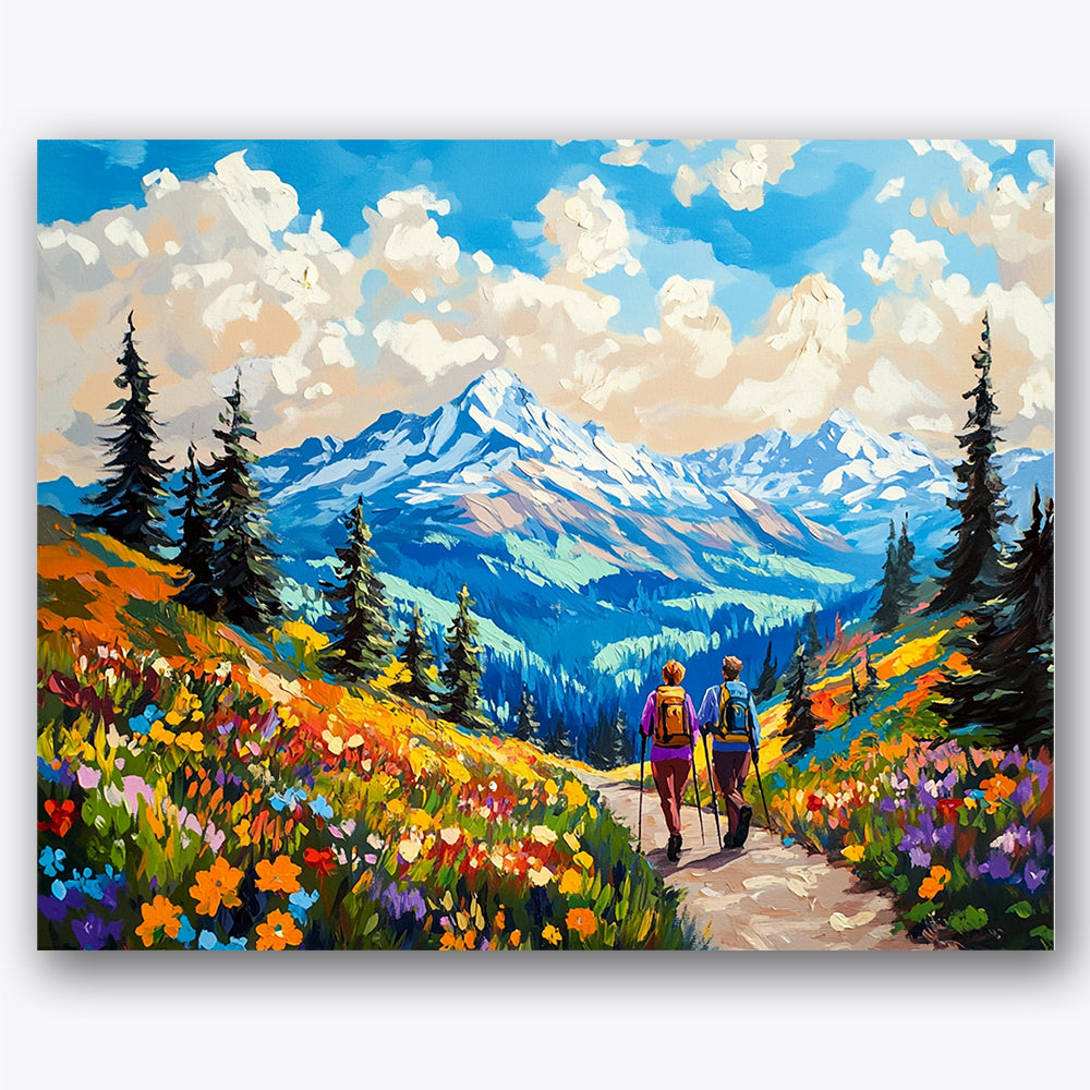 Paint by numbers design of hikers, mountains, colorful wildflowers, snowy mountain peaks