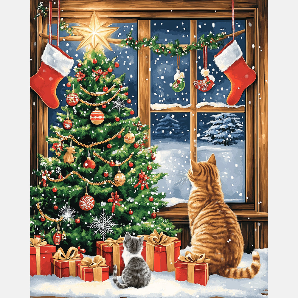 Yule Window Cats Paint by Numbers Kit design preview showing the full artwork layout before painting