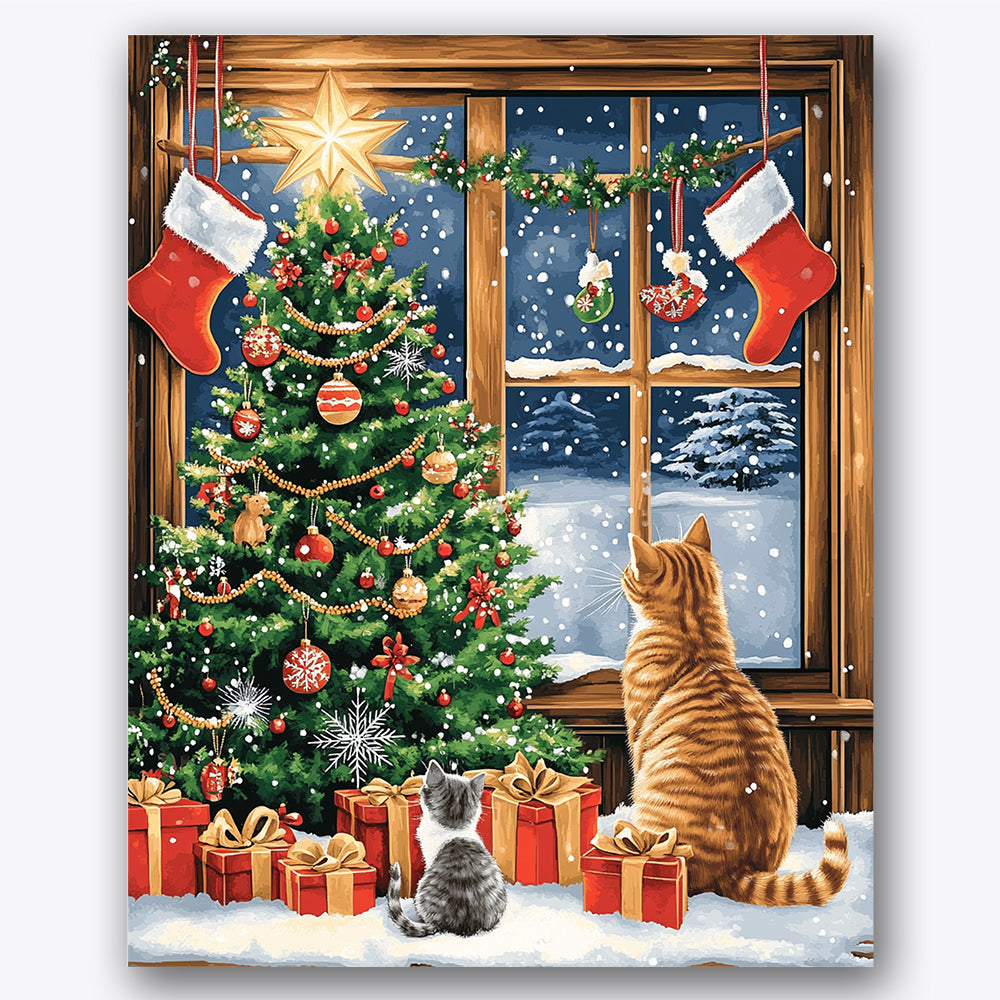 Paint by numbers design of cats, Christmas tree, decorated Christmas tree, snow falling outside, Two cats sit together