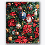 Paint by numbers design of Christmas ornaments, red poinsettias, red poinsettias, evergreen branches