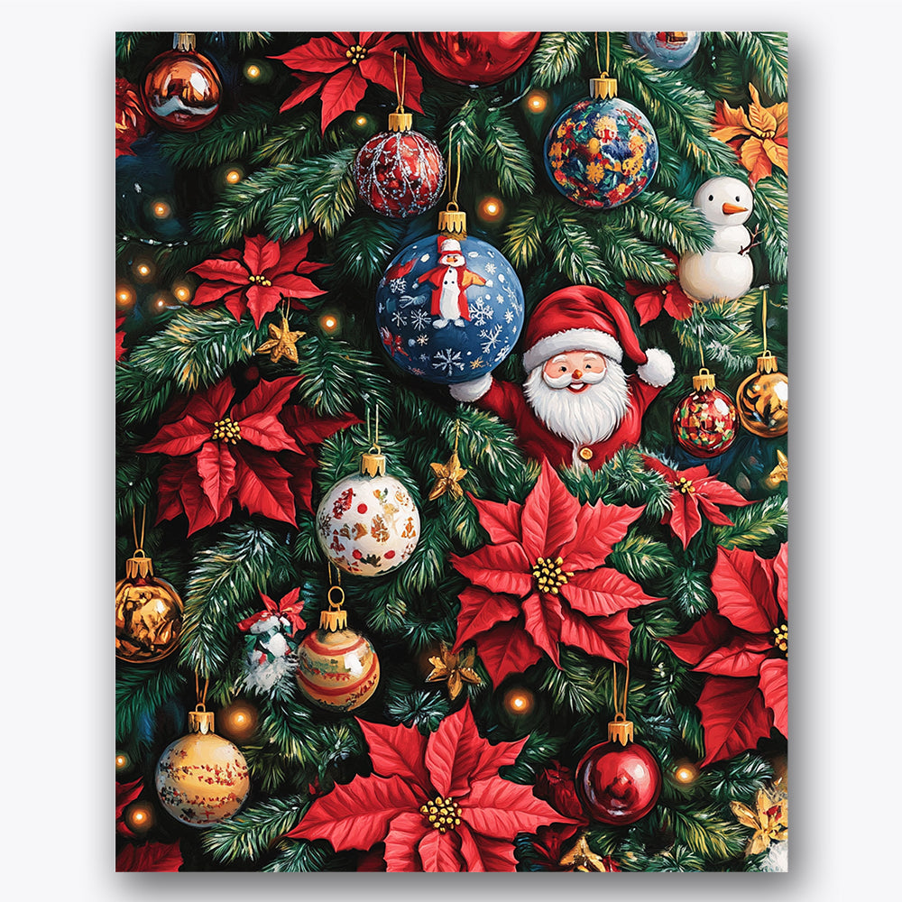 Paint by numbers design of Christmas ornaments, red poinsettias, red poinsettias, evergreen branches