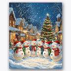 Paint by numbers design of snowmen, Christmas tree, singing snowmen, decorated Christmas tree