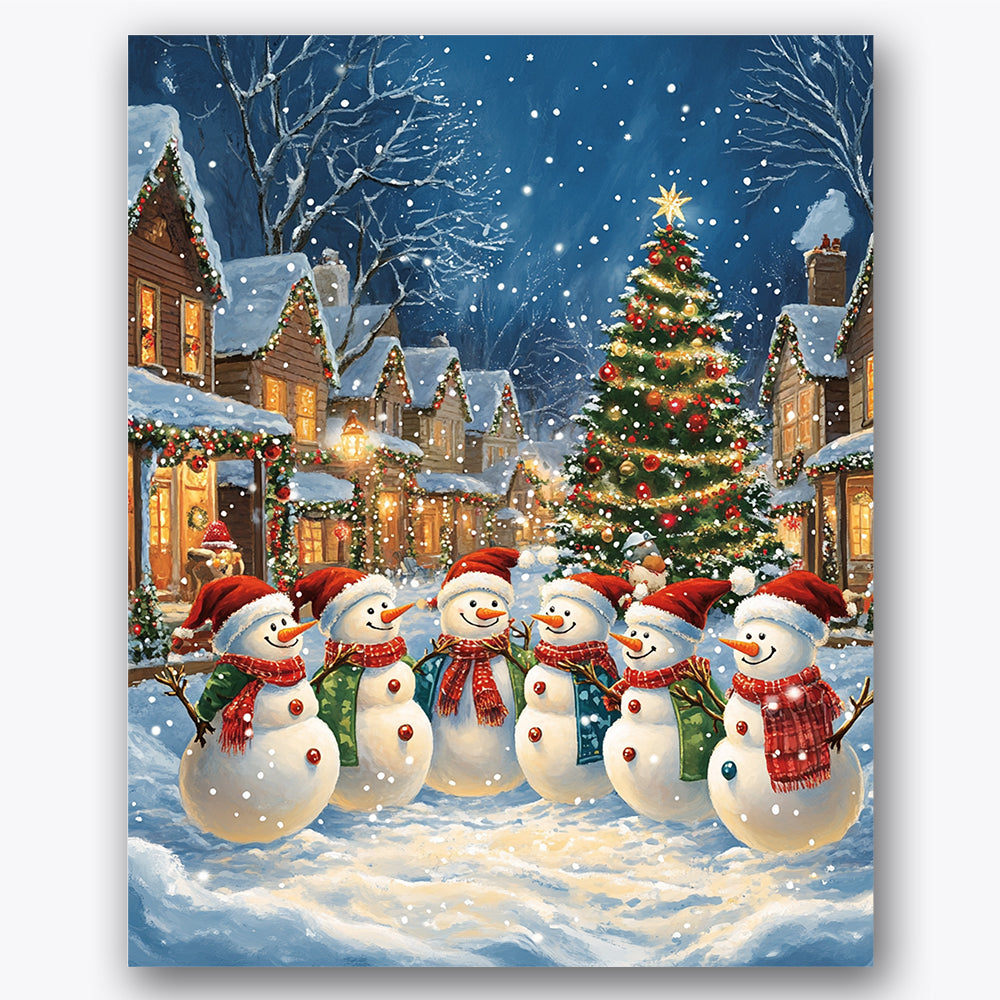 Paint by numbers design of snowmen, Christmas tree, singing snowmen, decorated Christmas tree